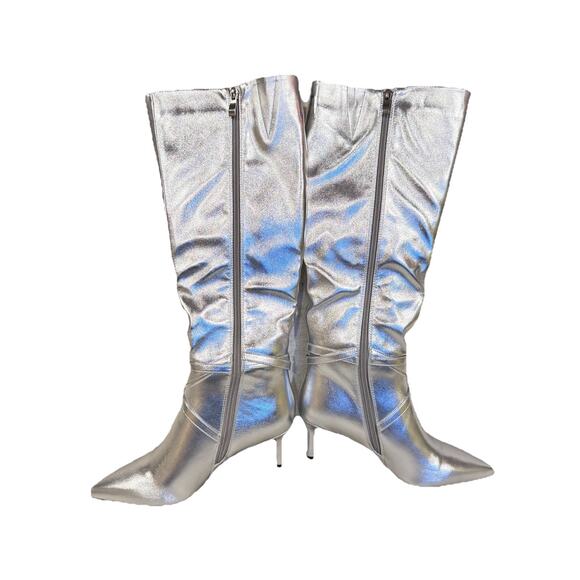 Metallic Silver Stiletto High Heel Knee High Boots Womens Sz 7M NWOT Club Glam - Picture 2 of 11
